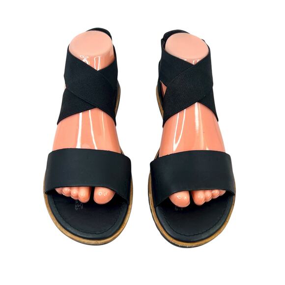 SOREL Ella Leather Flat Sandal Criss Cross Elastic Straps in Black Women's 8.5 - Picture 2 of 13